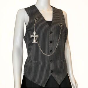 Utility Pinstripe Cross Chain Tailored Vest Womens SZ S Slim Fit Goth Steampunk